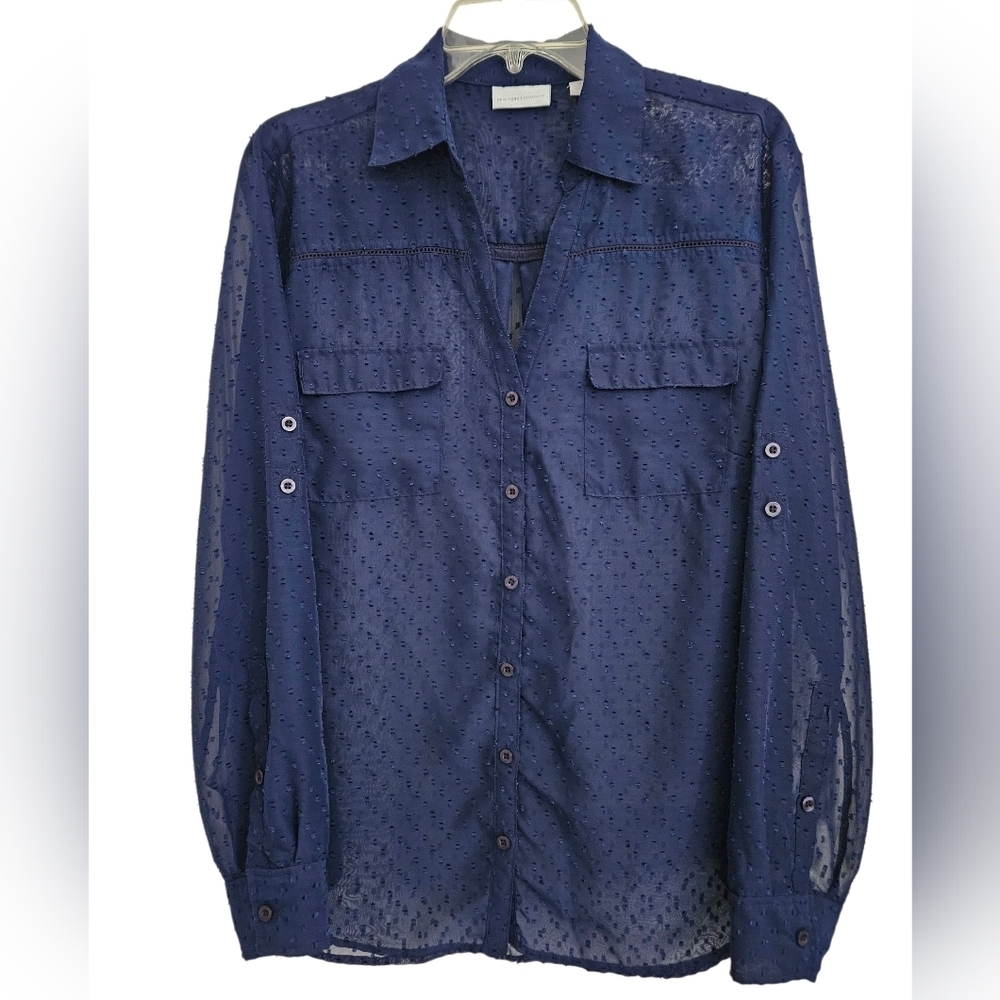 New York & Company Dark Blue Swiss Dot Blouse  XL